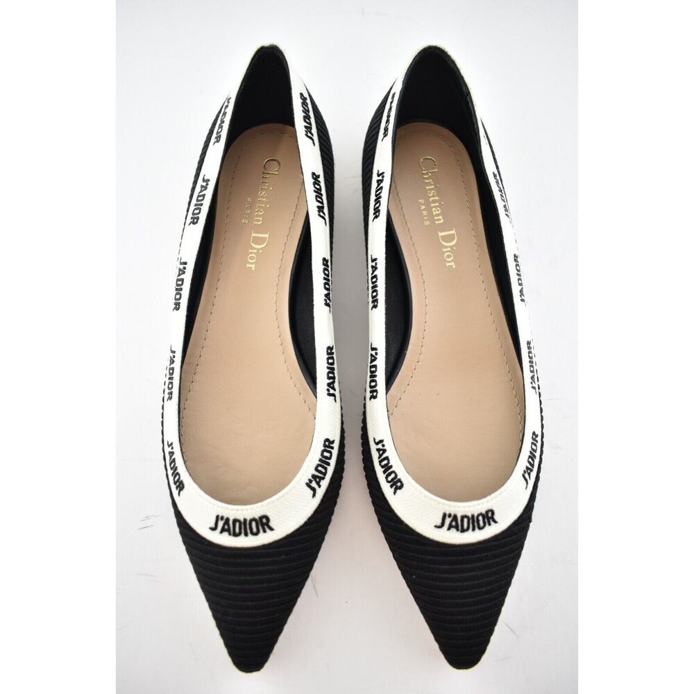 Dior J'adior Black White Ribbon Logo Embroidered Fabric Ballet Ballerina Flat 37 - Picture 7 of 12